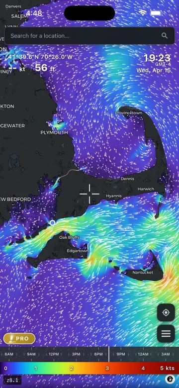 Actual Currents' App Store screenshot: Cape Cod and the islands under an animated particle flow field coloured 0 to 5 knots, a time scrubber along the bottom and a Pro badge
