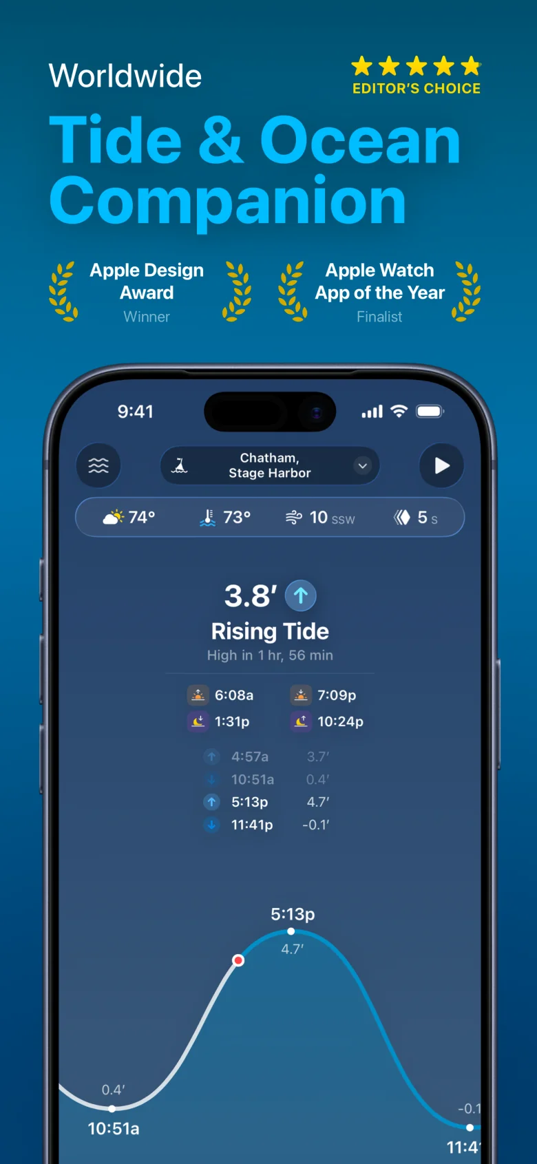 Tide Guide's App Store image: Chatham, Stage Harbor, rising at 3.8 feet, high in 1 hour 56 minutes, marine weather, sun and moon times, and a tide curve
