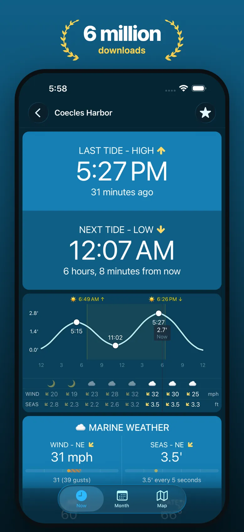 Tides Near Me's App Store image: Coecles Harbor, last tide high at 5:27 PM 31 minutes ago, next tide low at 12:07 AM, the day's tide curve, and marine weather with 31 mph wind and 3.5 foot seas