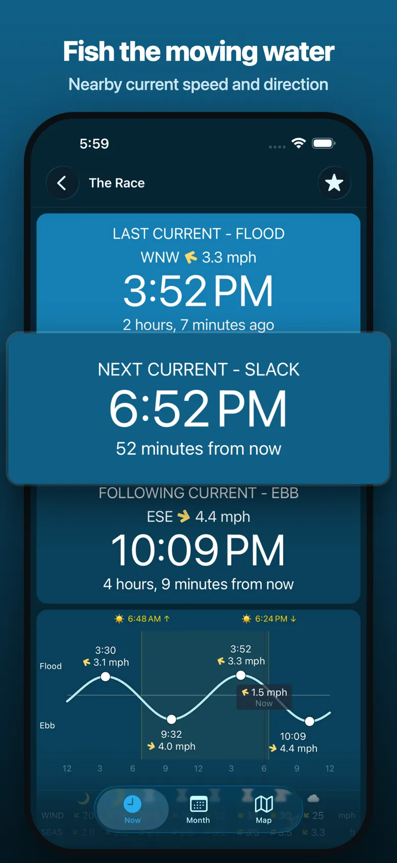 Tides Near Me's App Store image: The Race, last current a 3.3 mph flood at 3:52 PM, next current slack at 6:52 PM, following ebb 4.4 mph at 10:09 PM, over the day's current curve