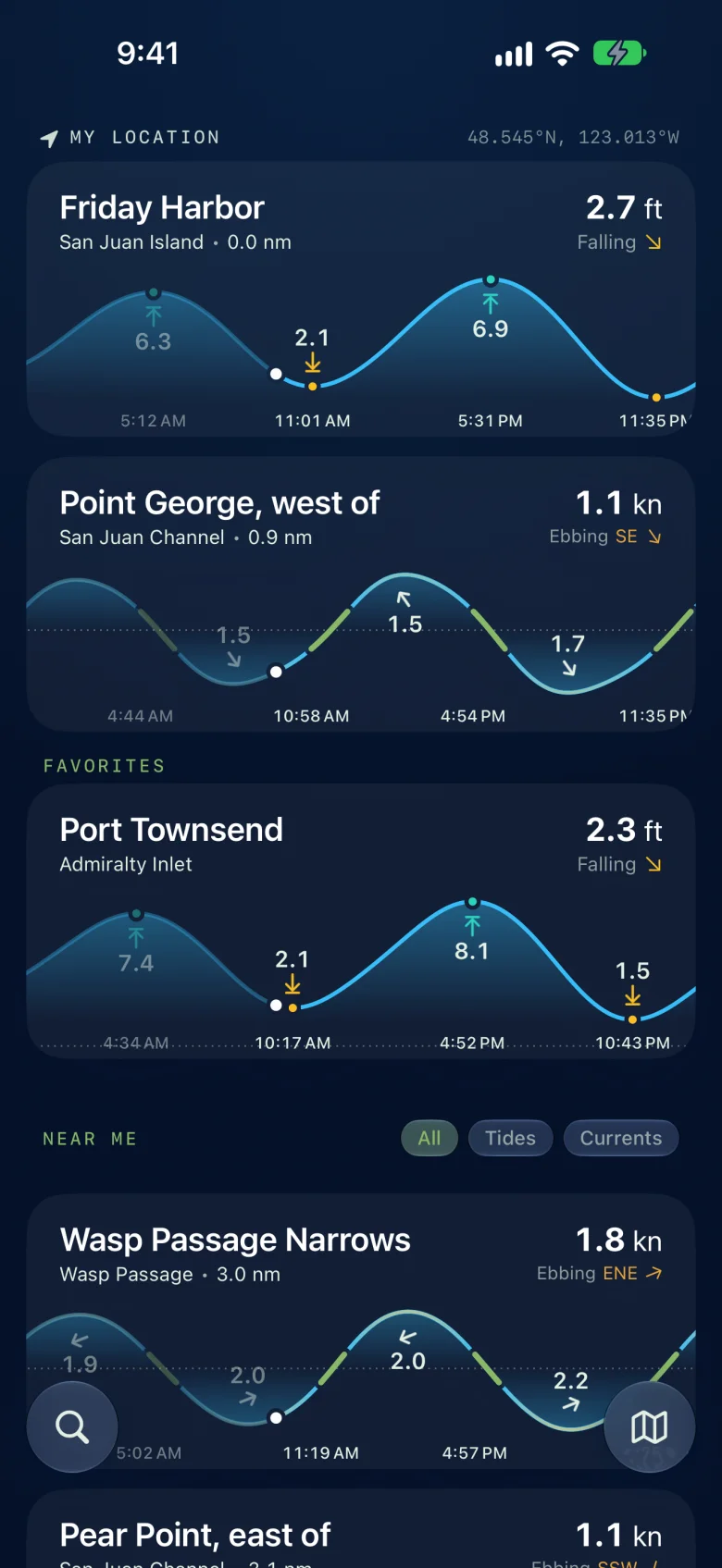 The app's list located at Friday Harbor: the harbour's tide on top at 2.7 feet and falling, Point George's current under it at 1.1 knots and ebbing, then favourite Port Townsend and nearby Wasp Passage, each with its curve for the day.