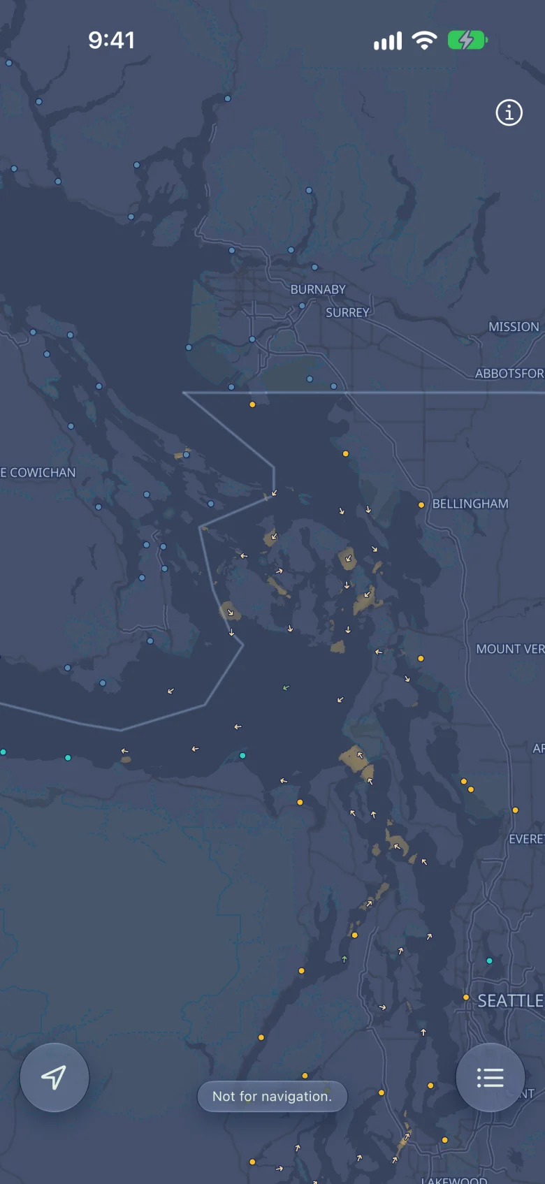 The app's map of the Salish Sea, with circular tide markers and direction arrows for currents.