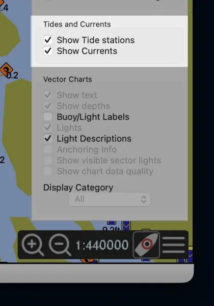 OpenCPN's chart panel menu with Show Tide stations and Show Currents checked