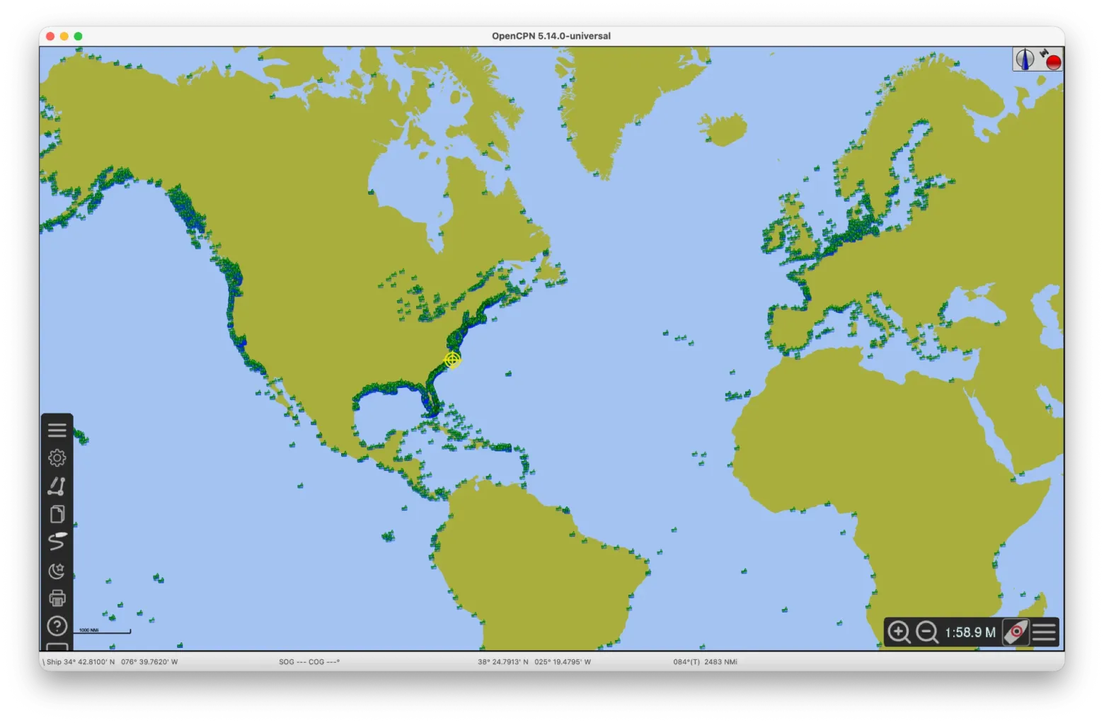 Slackwater tide and current stations on a world chart in OpenCPN, densest along the US and European coasts